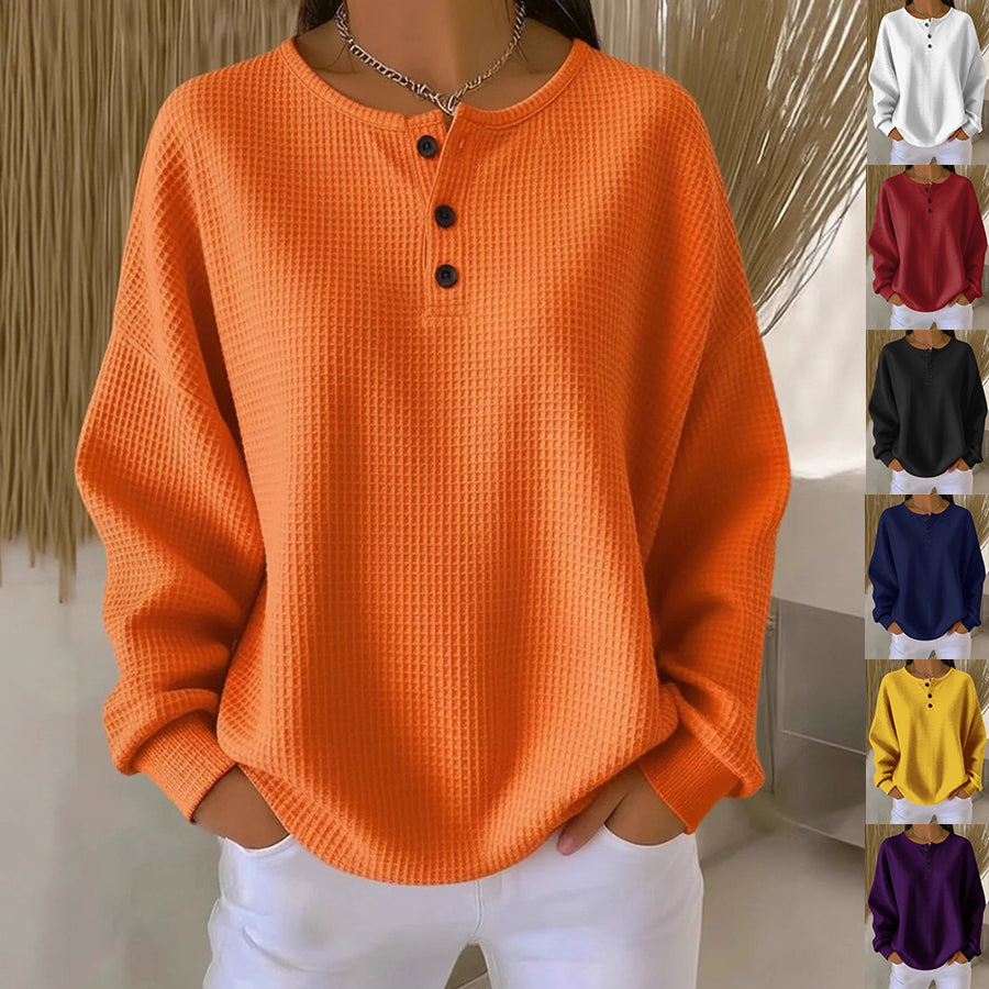 Haut pull à manches longues en tricot gaufré avec boutons, couleur unie, pour femme
