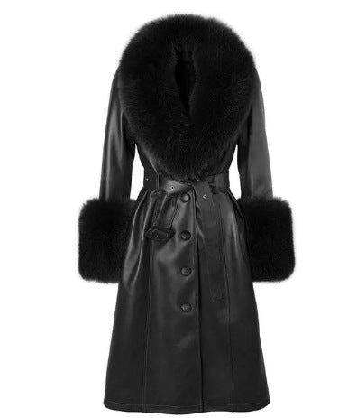 Slim-Fit Genuine Leather Sheepskin Coat with Fox Fur Collar