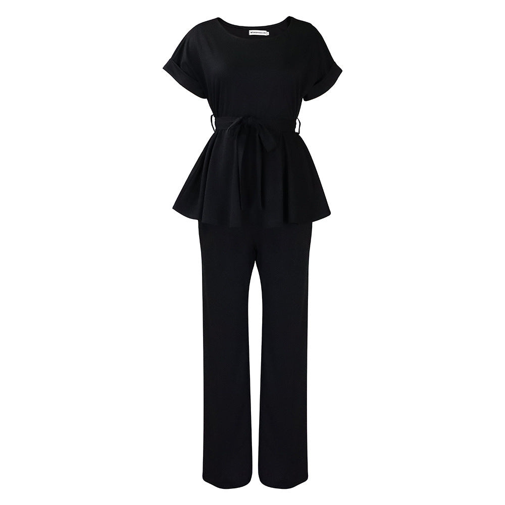Solid Color Lace-Up Top & High Waist Wide Leg Pants Set
