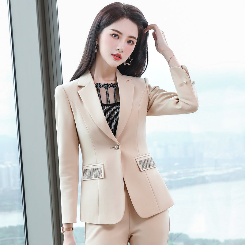 Tailleur-pantalon professionnel pour femmes en polyester avec manteau – Beige, Rouge, Noir, Tailles S-4XL