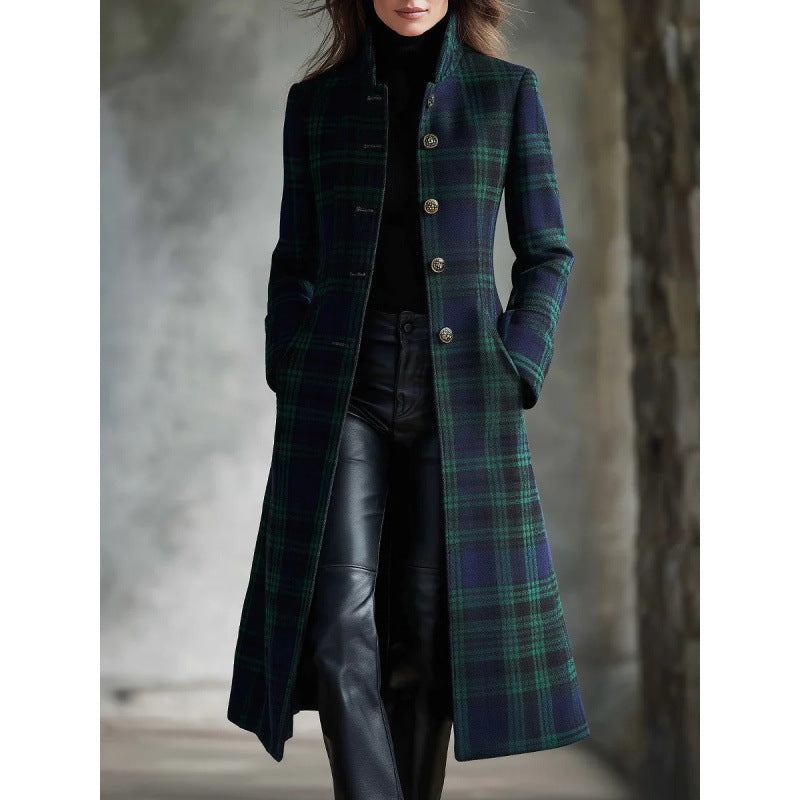 Women’s Green Plaid Long-Sleeve Single-Breasted Cardigan Coat