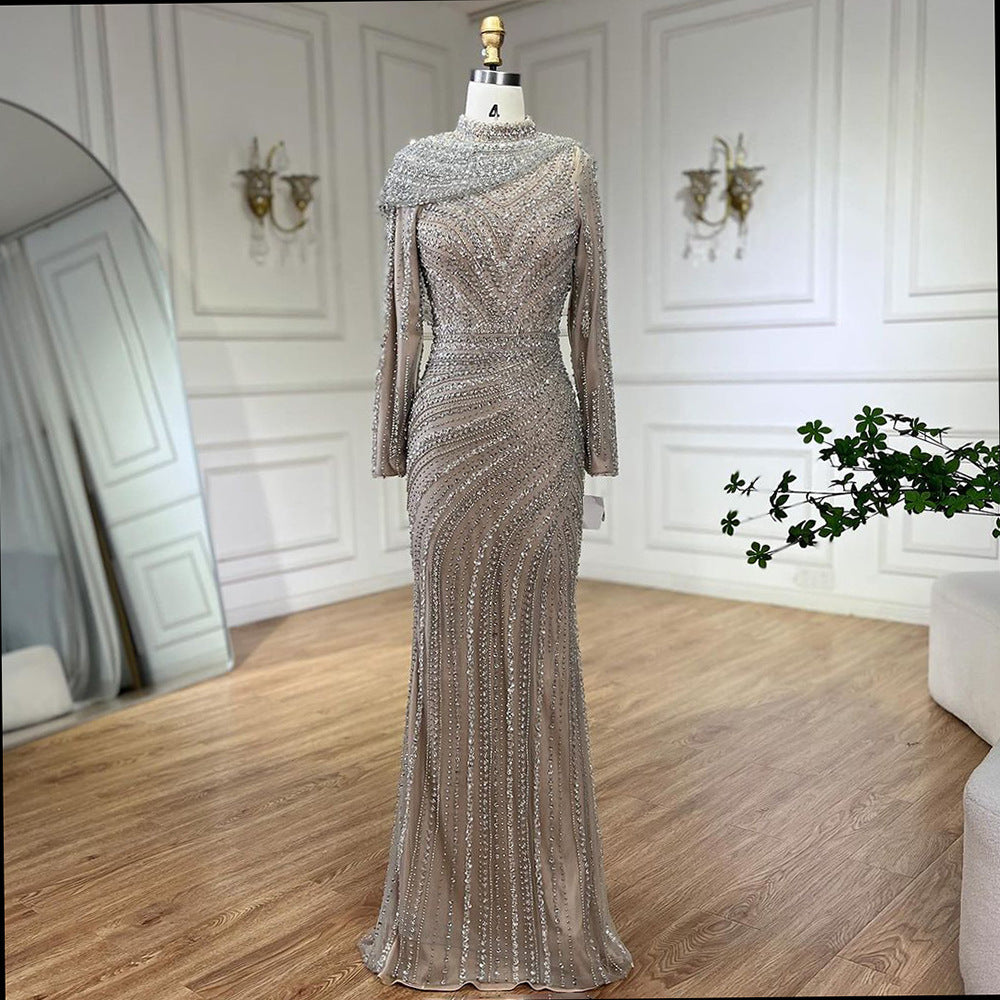 Premium Silver Nude Fishtail Slim Beaded Women’s Dress