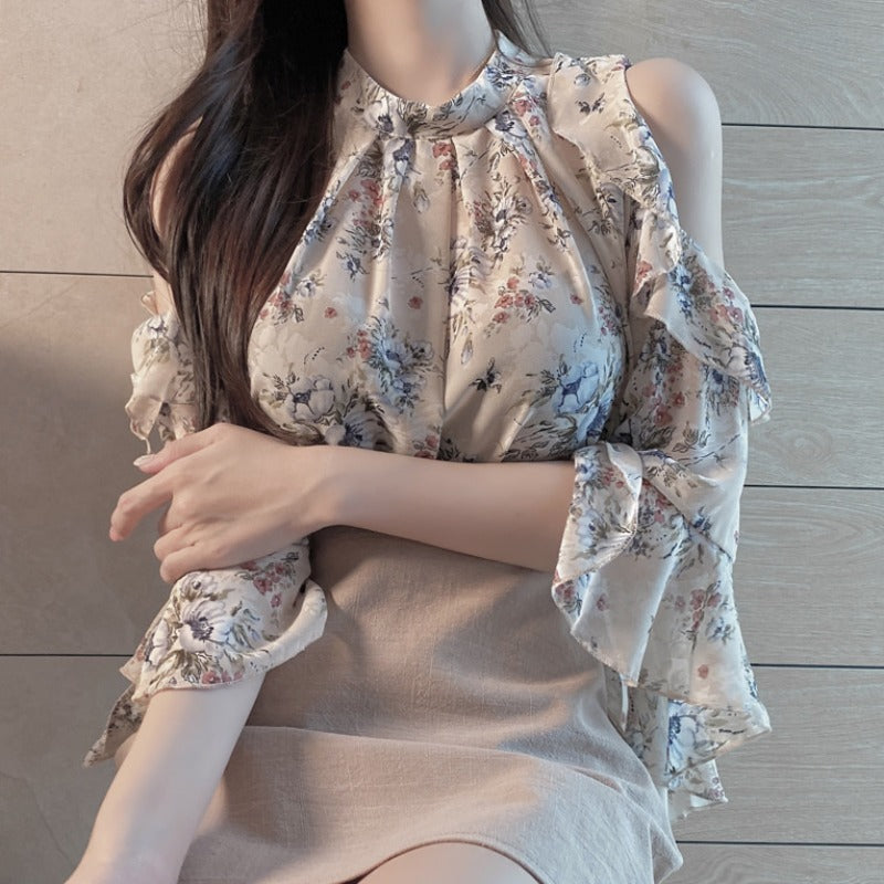 Women's One-Shoulder Western Style Chiffon Top Slim Fit V-Neck Blue Beige S-XL