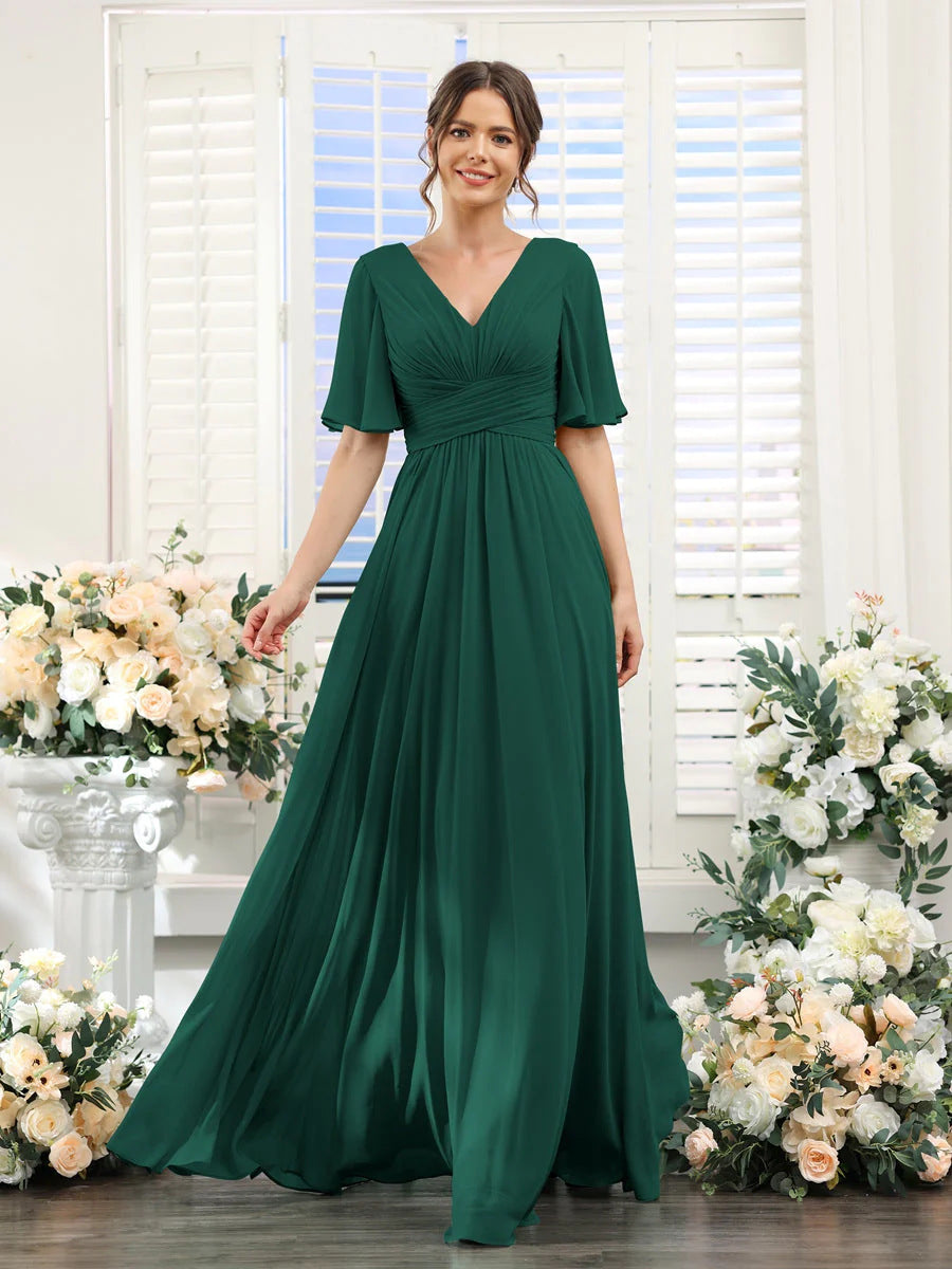 Robe de soirée longue en mousseline de soie à col en V et manches papillon
