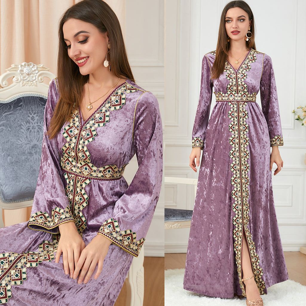Robe en velours canari ample et ajustée à col en V et manches longues pour femme