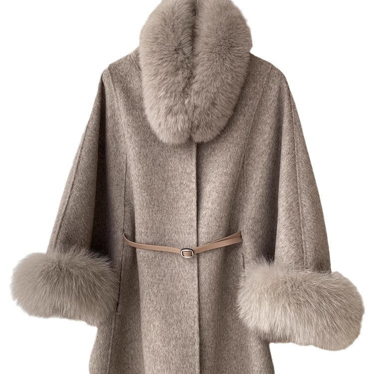 Reversible Mid-Length Cashmere Coat with Fox Fur Collar
