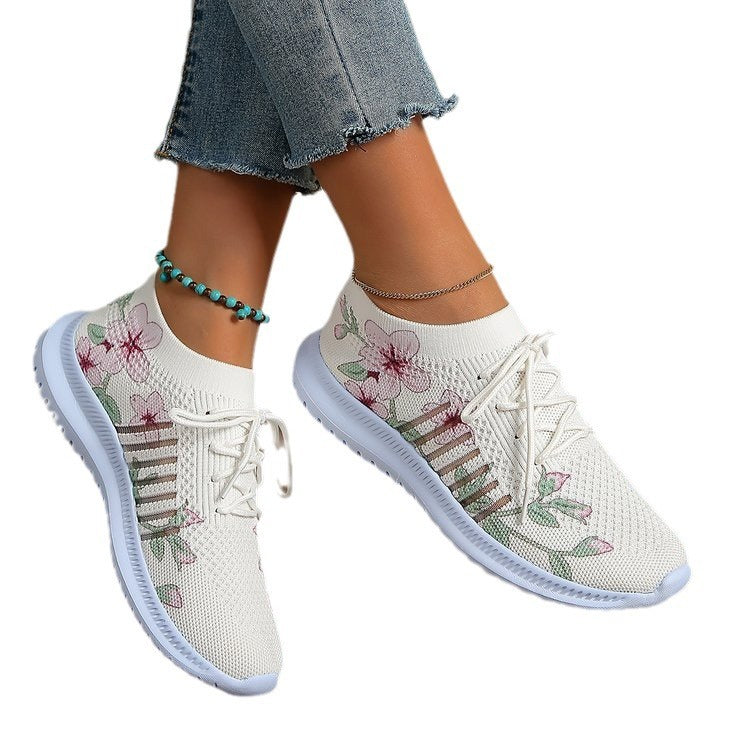 Women's Milky White Mesh Flyknit Casual Running Shoes Flat Heel