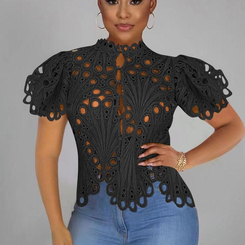 Sexy Cutout See-Through Lace Puff Sleeve Irregular Top for Women