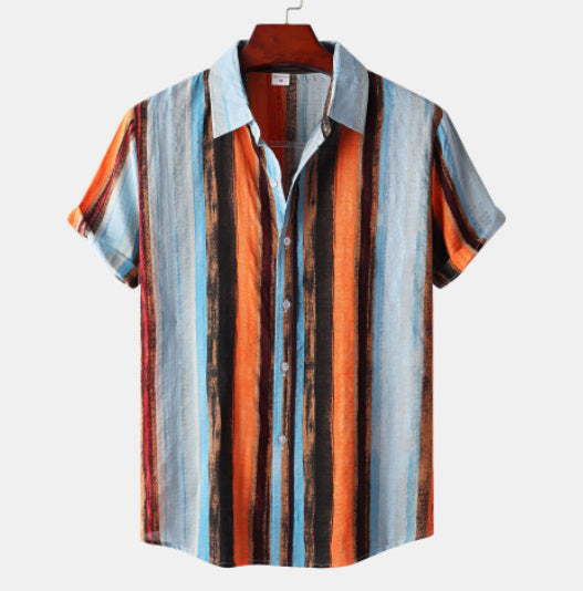Summer Men's Casual Retro Cotton Printed Shirt Short Sleeve
