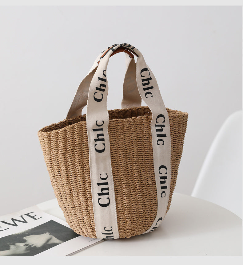 Hand-Woven Paper Bucket Bag for Women with Shoulder Strap