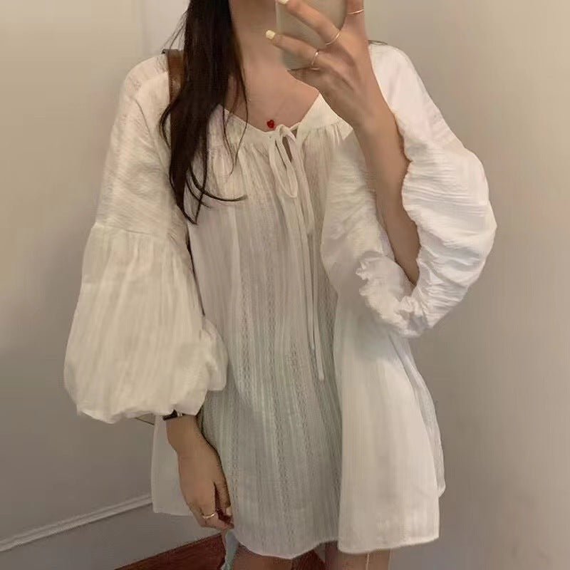 Summer French Style White Lantern Sleeve Mid-Length Doll Shirt for Women