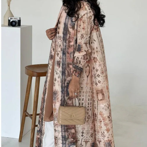 Pleated Trench Djellaba Printed Shawl Cardigan Ethnic Cloak Coat for Middle East Women