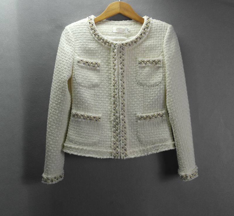 Women's Autumn Winter Plaid Wool Slim Fit Coat with Beads