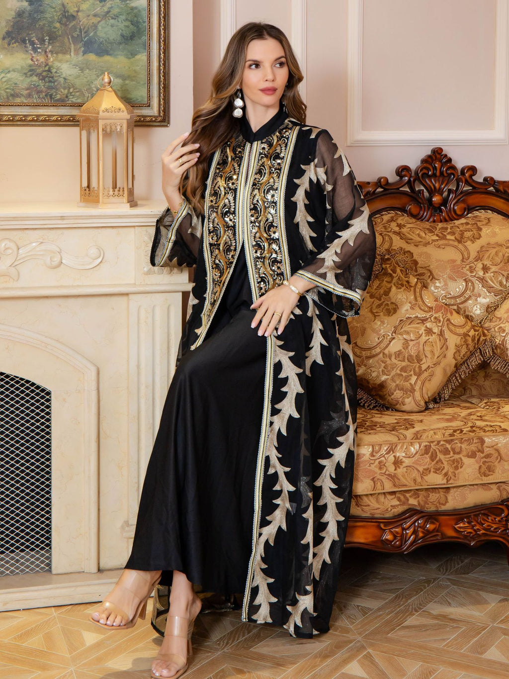 Robe longue brodée en maille résistante à manches longues pour femme