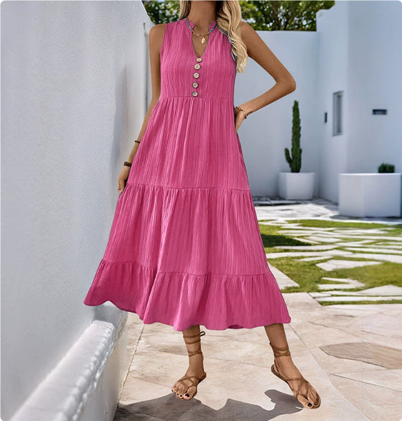 Blue Pleated Sleeveless Stand Collar Dress Mid-Length