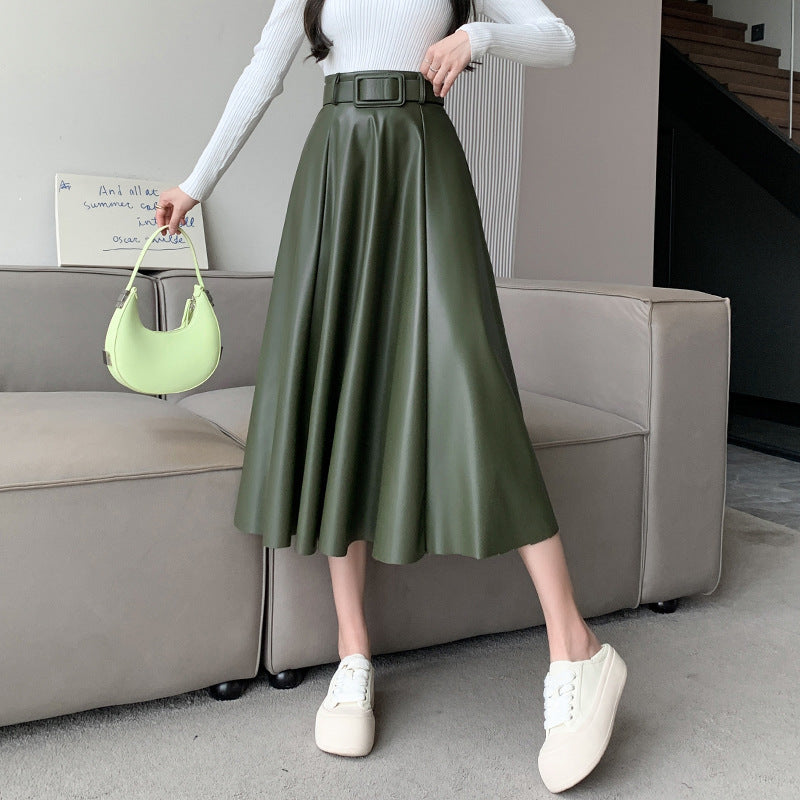 Jupe midi trapèze taille haute en peau de mouton pour femme