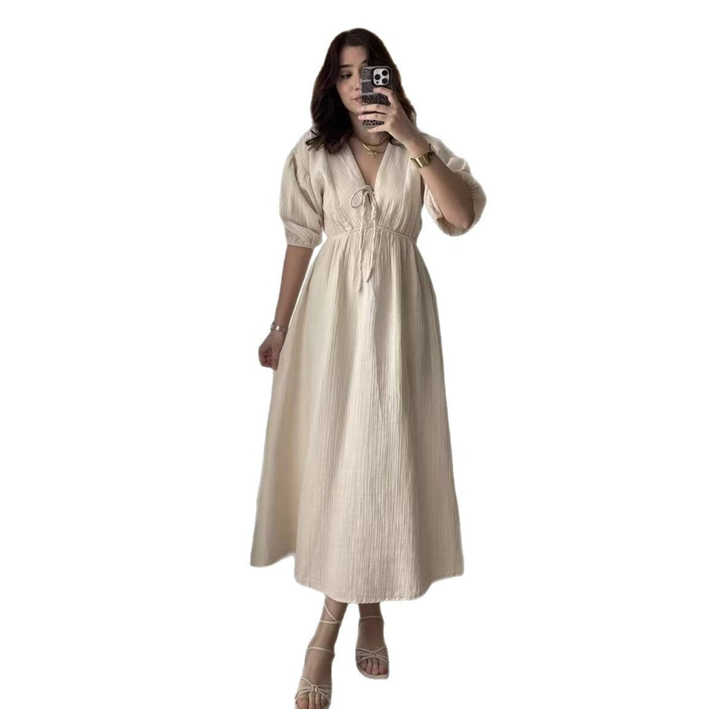 Women's Sweet V-Neck Puff Sleeve Short Dress in Multiple Colors