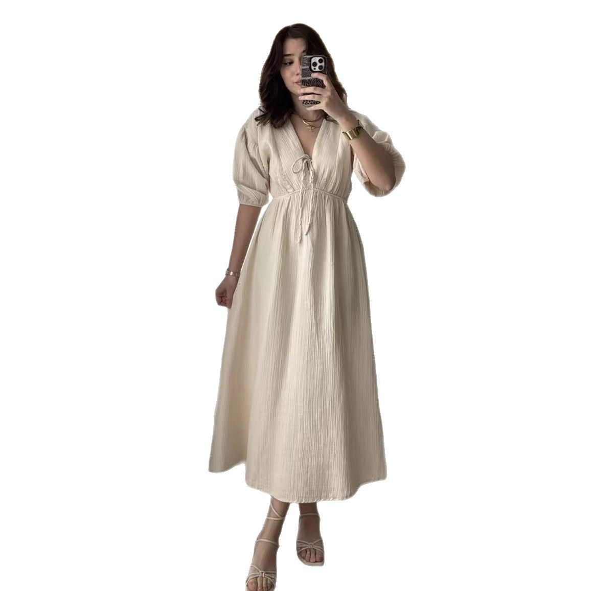 Women's Sweet V-Neck Puff Sleeve Short Dress in Multiple Colors