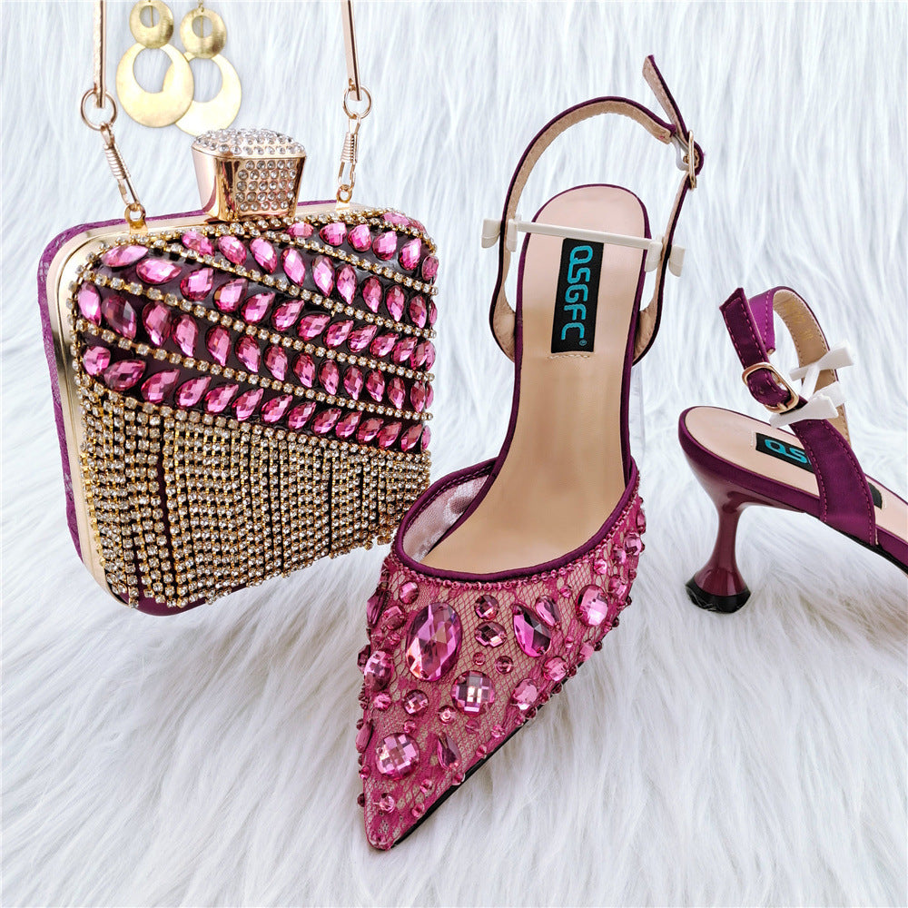 Ladies' High Heel Party Sandals with Diamond Bag Set