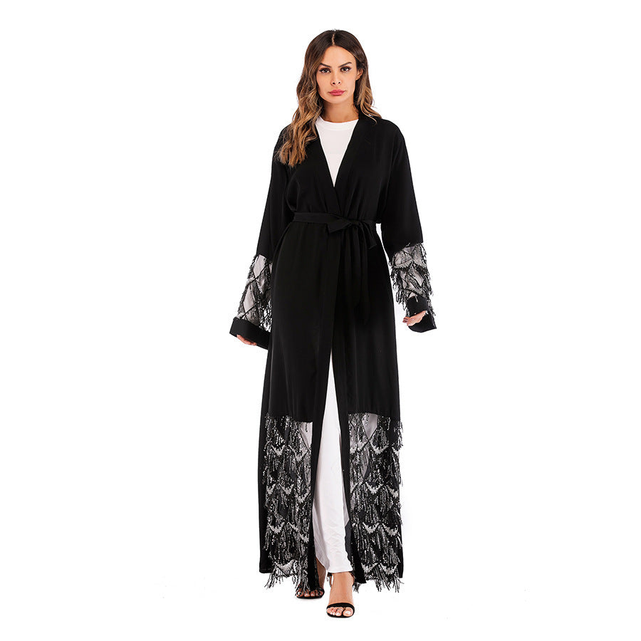 Fashion Robe Mesh Bead Panel Loose Lace Up Long Sleeve Cardigan, Middle Eastern Women’s Dress