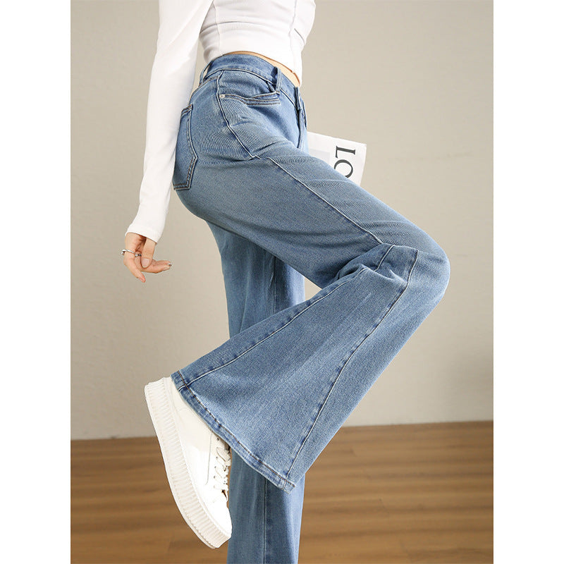 Jean évasé taille haute en denim bleu pour femme