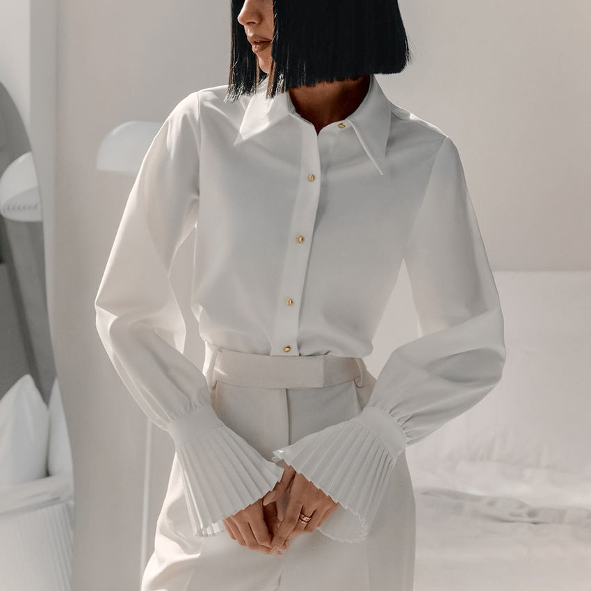 Elegant White Ruffled French Style Business Shirt for Women