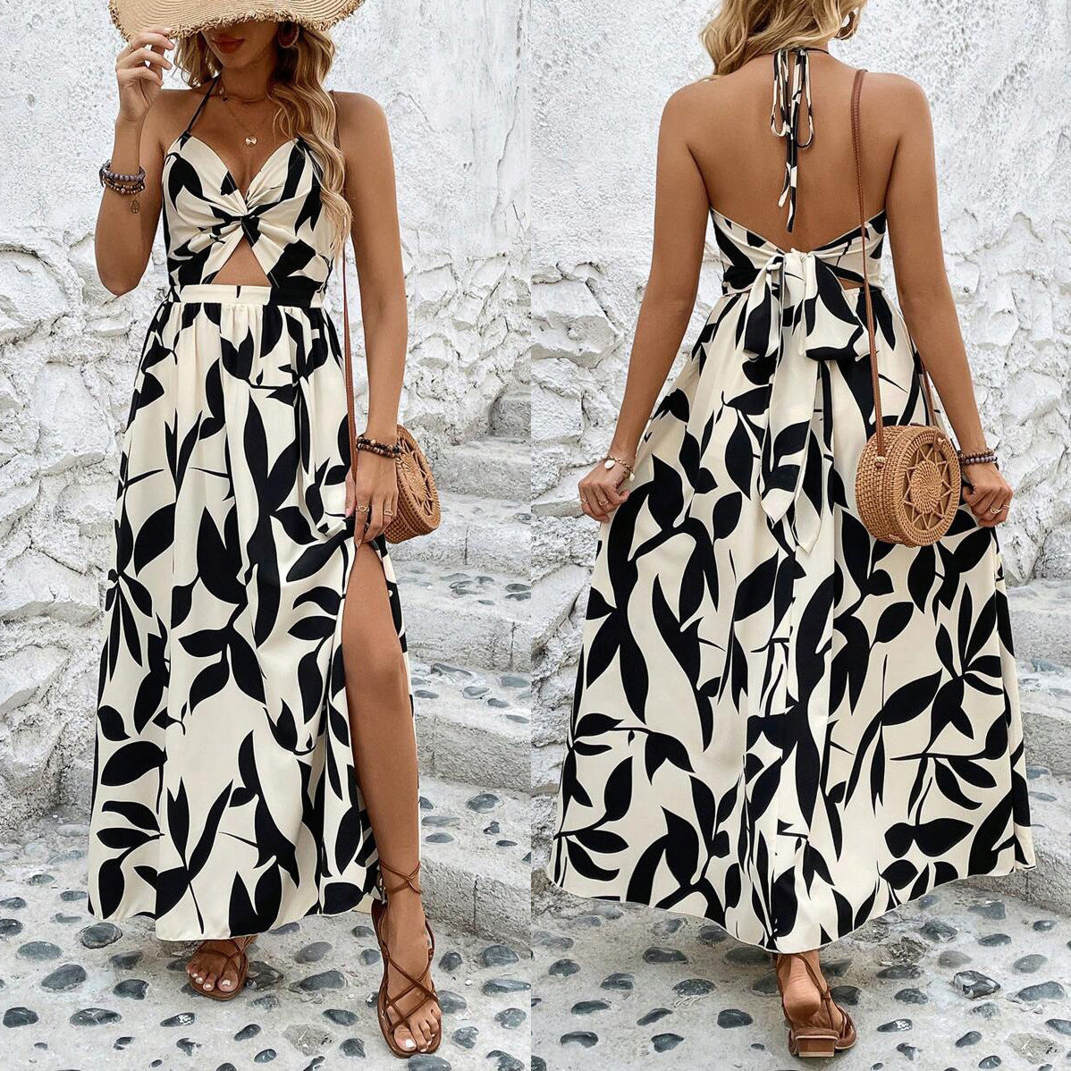 European & American Summer Women's Printed Hollow Pleated Halterneck Dress