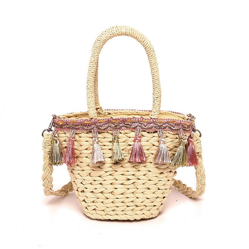 Tassel Straw Woven Bucket Bag with Single Shoulder Strap