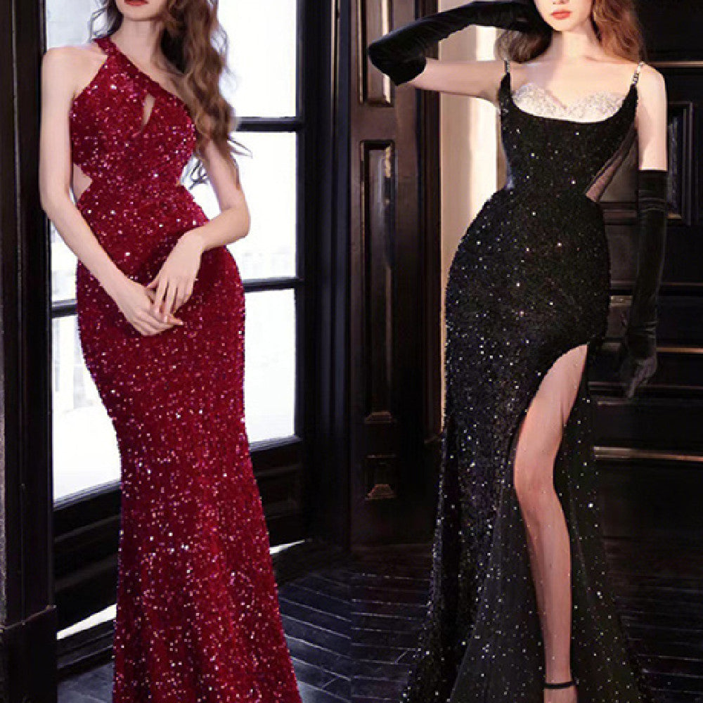 Long Sleeve Fishtail Dress in Wine Red & Black