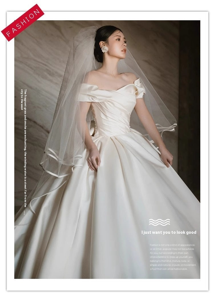 Robe de mariée en satin à épaules dénudées avec manches trois-quarts, jupe longue, tailles S-XXL