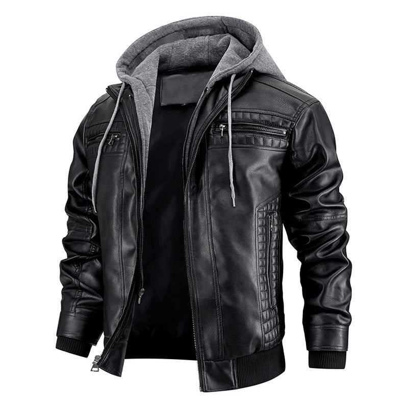 Blouson à capuche en cuir PU pour hommes avec poches zippées - Manteau chaud et tendance