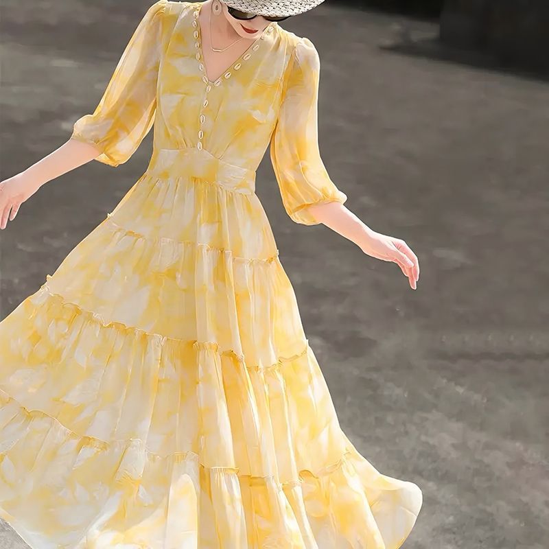 Yellow Temperament Youthful-looking Chiffon Design Skirt