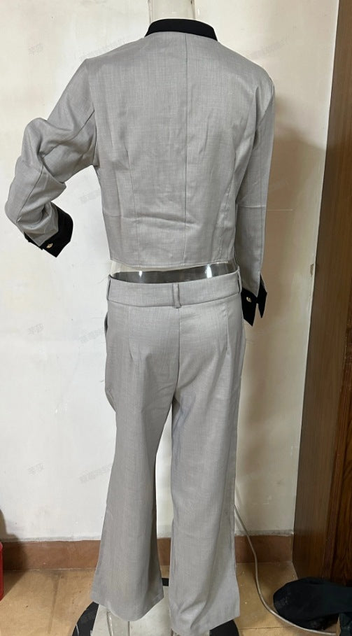 Ensemble pantalon large gris élégant en polyester pour femme