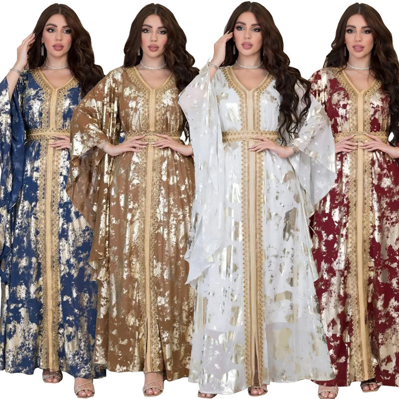 Muslim Chiffon Bronzing Long Sleeve Robe with Belt Dress