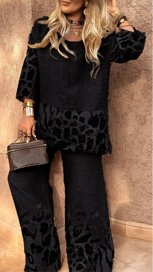 Women's Casual Cool Cotton And Linen Leopard Print Printed Two-piece Suit
