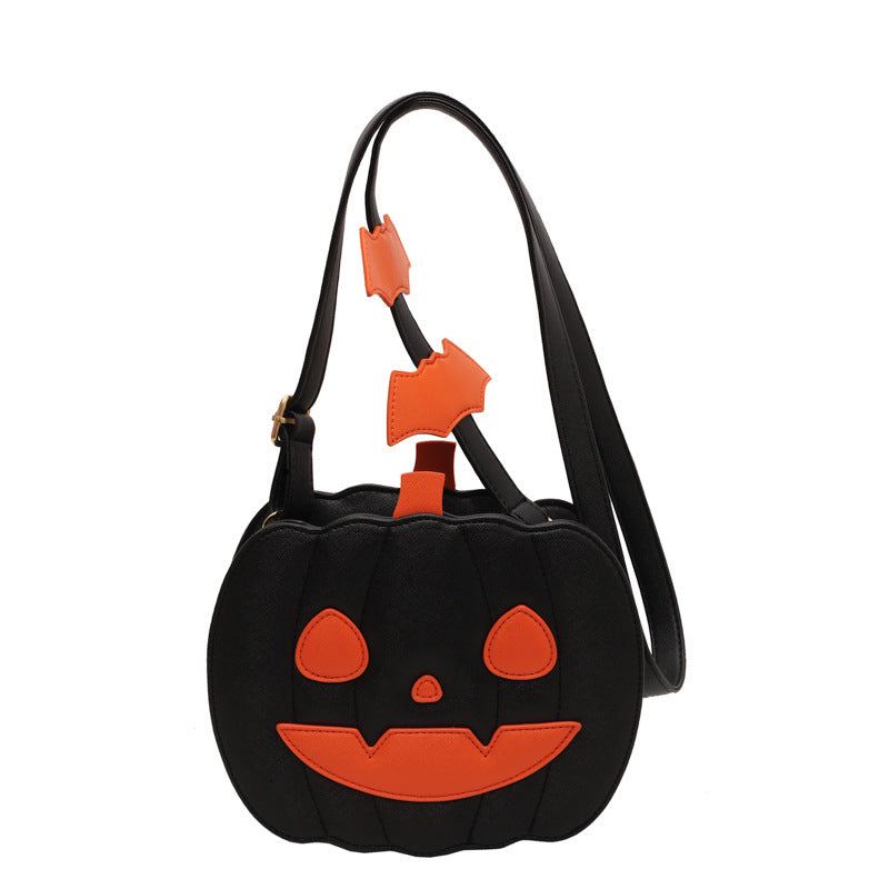 Funny Pumpkin Cartoon PU Shoulder Crossbody Bag with Bat Design for Women
