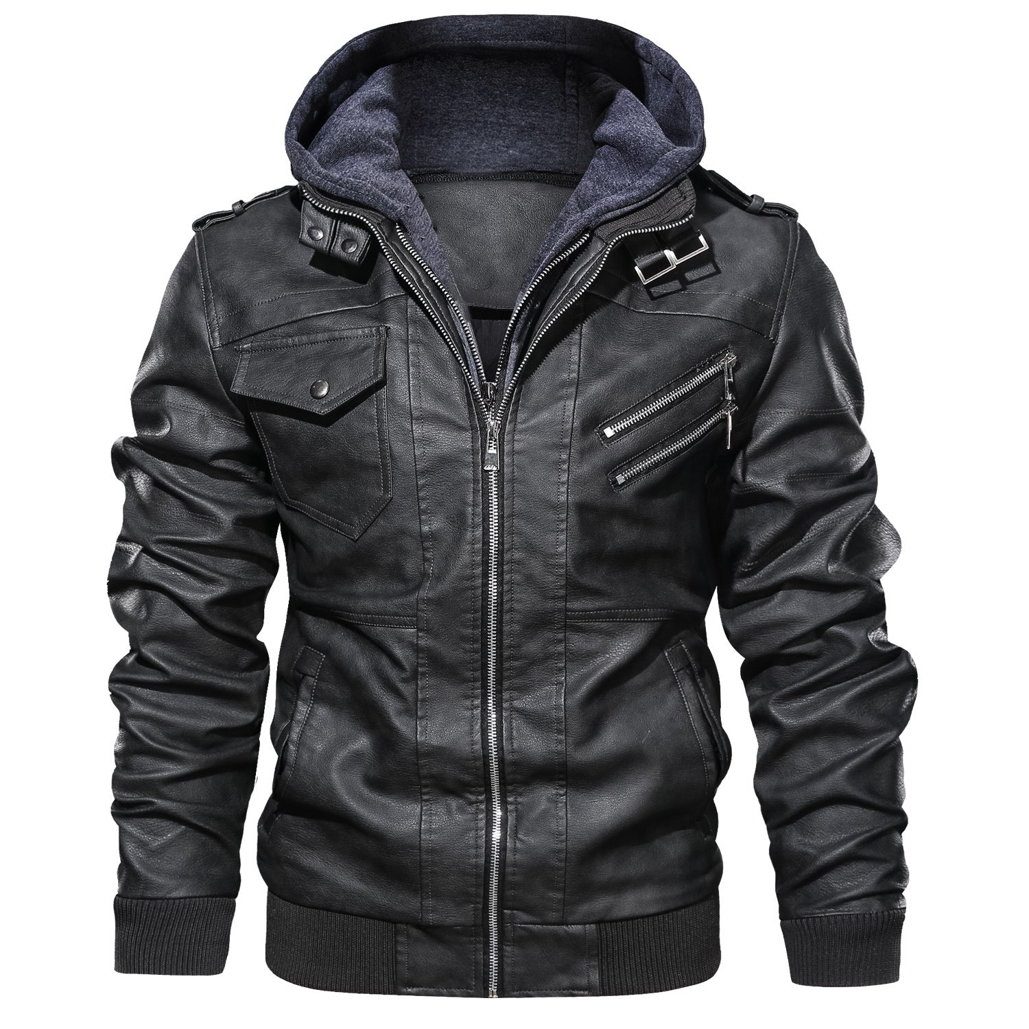 Men's Slim Fit Faux Leather Lapel Zip-Up Jacket