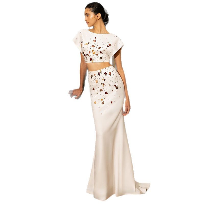 Apricot Rhinestone Shell Beads Short Top Suit for Women