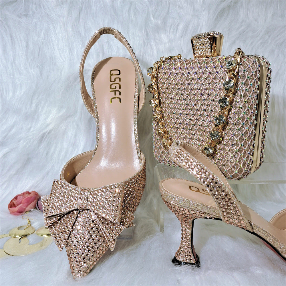 Pointy High Heel Sandals with Metal Diamond Chain Handbag Set