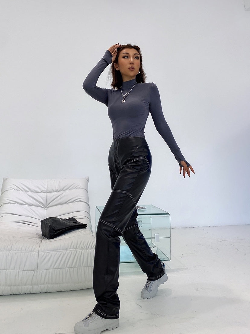High-Waist Stretch Leather Pants – European Style Straight Trousers