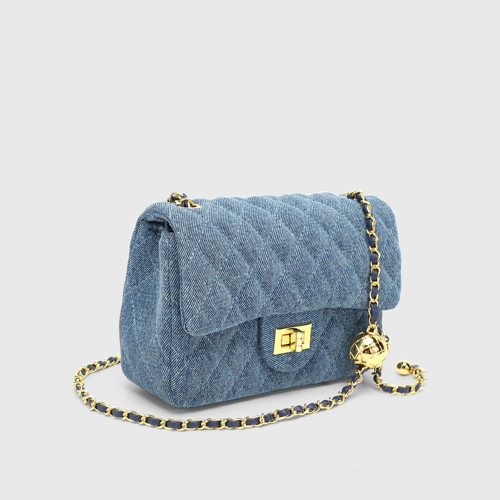 Blue Denim Small Square Chain Bag with Golden Ball Chain