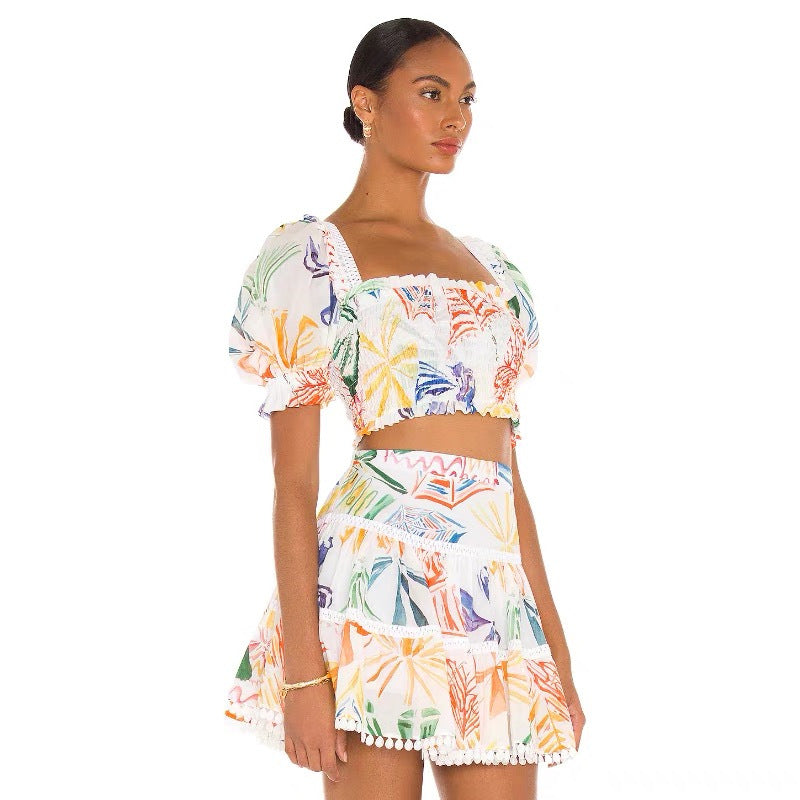 Women's Printed Square Neck Puff Sleeves High Waist Slim Top Skirt Set