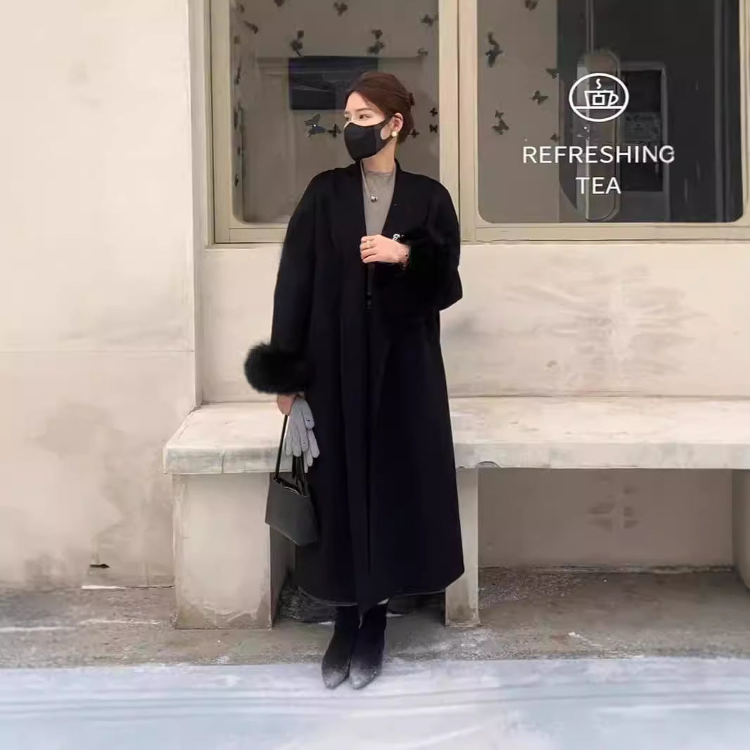 Women's Long Reversible Wool Coat with Lapel and Pockets