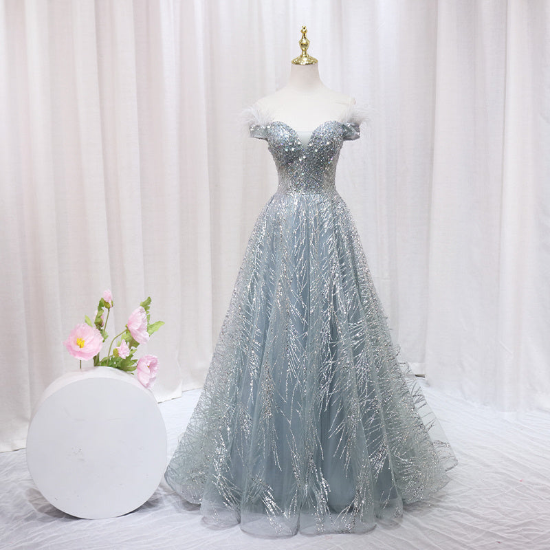 Robe de soirée asymétrique une épaule argentée pour femme avec perles fantaisie