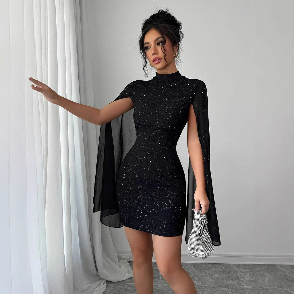 Robe Courte de Soirée Élégante pour Femme Col Rond Perle Mousseline Manche Cape Hanche Enveloppée