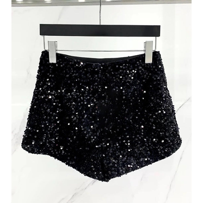 Short Hot Noir à Sequins Taille Haute Jambe Large en Polyester