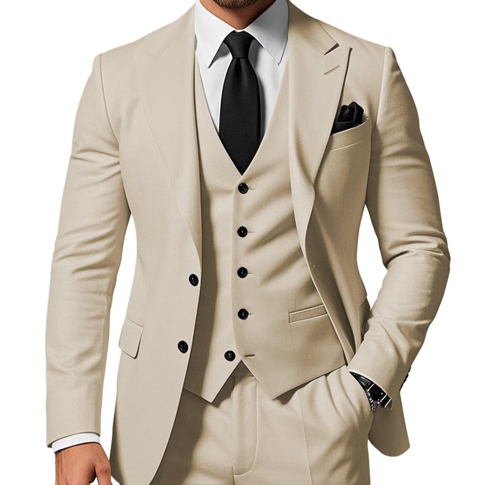 Ensemble 3 pièces uni pour homme : veste, gilet et pantalon à boucle