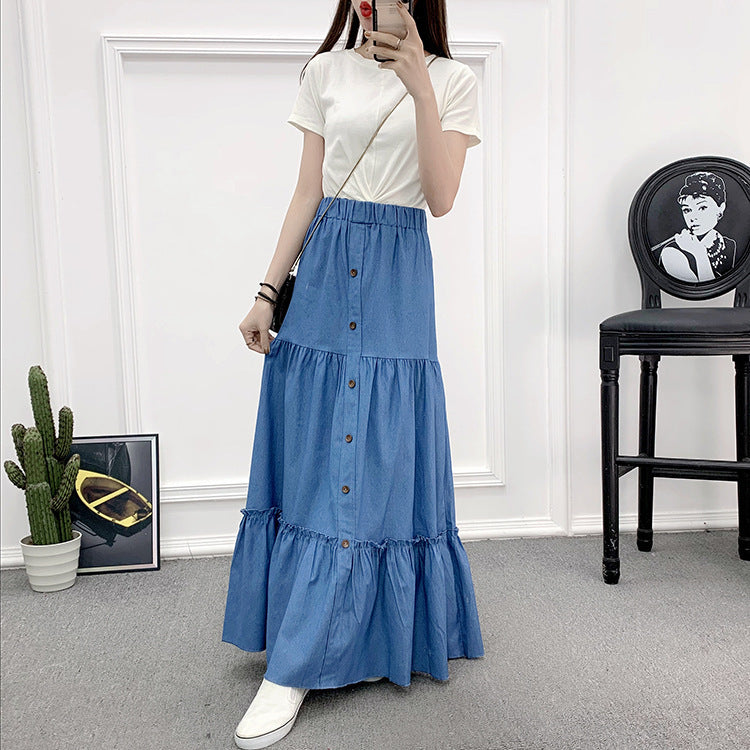 Vintage Minimalist High Waist A-Line Denim Skirt in Light & Deep Blue