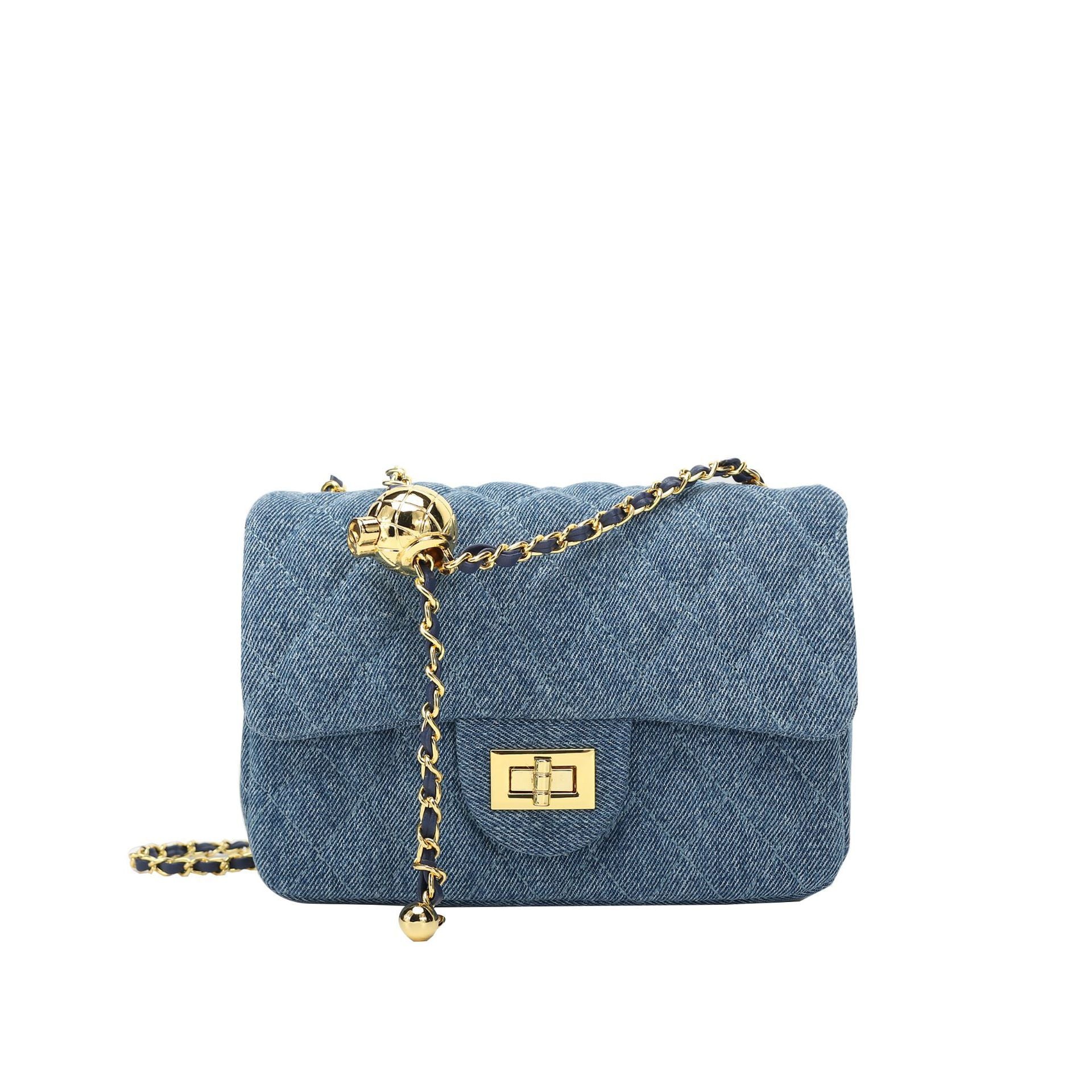 Blue Denim Small Square Chain Bag with Golden Ball Chain
