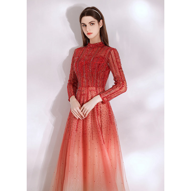 Robe de soirée longue à manches longues dégradé rouge pour femme